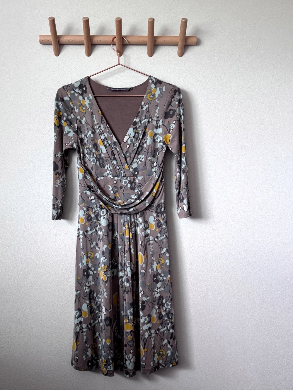 Boden Limited Edition Taupe Floral Midi Dress with Yellow & Light Blue Accents